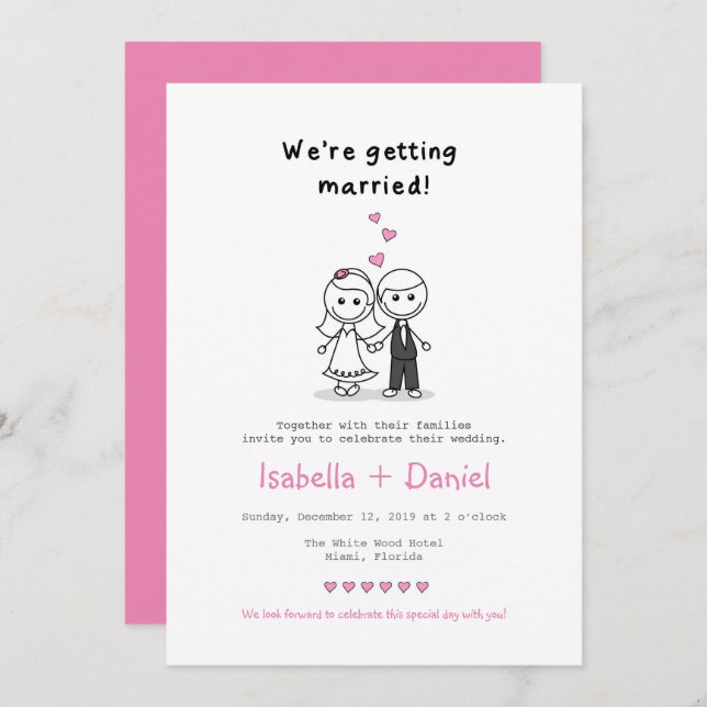 Tecknad Stick figur par bröllop Inbjudningar (Fram/baksida)