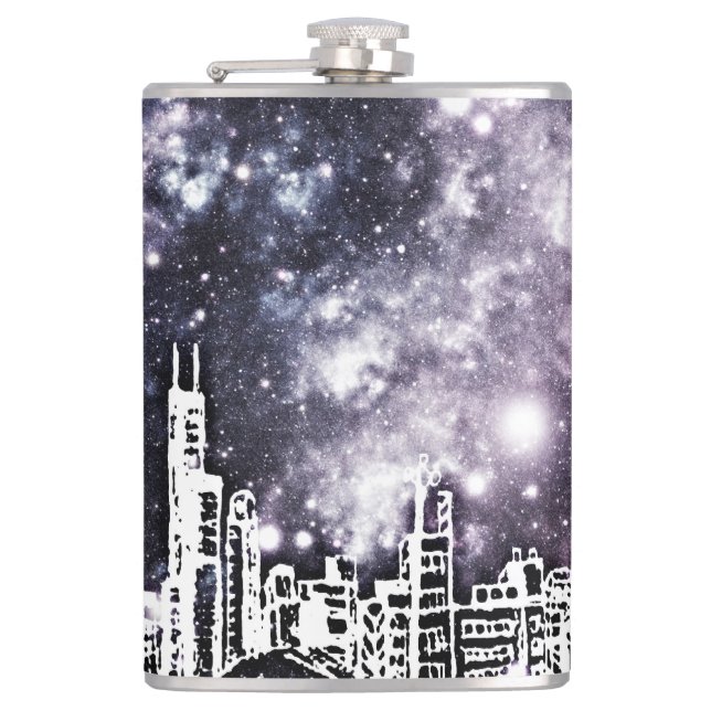 Tecknad Stil Black & White City Skyline Galaxy Fickplunta (Framsidan)