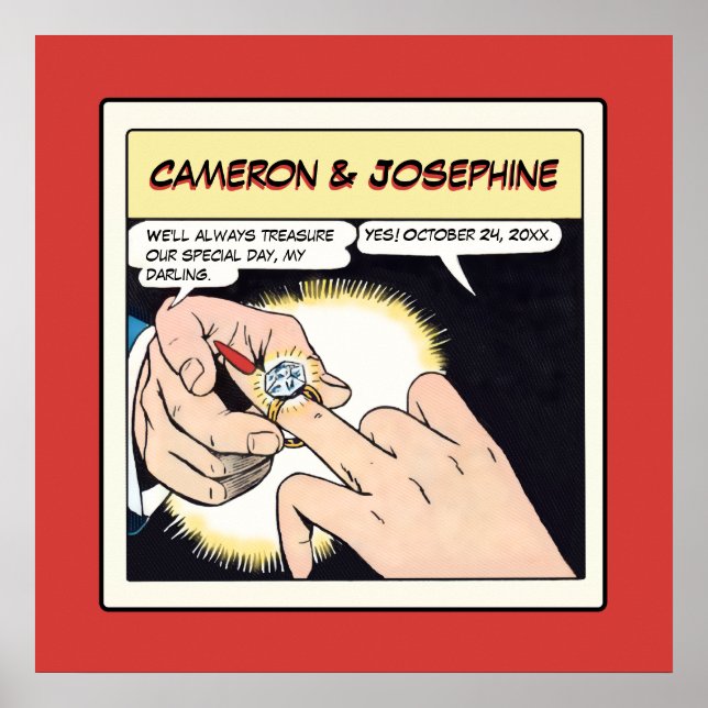 Tecknad Stil Bling Ring Bröllop Red Poster (Framsidan)