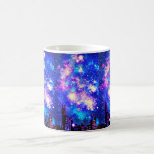 Tecknad Stil City Skyline & Milky Way Night Himlar Kaffemugg