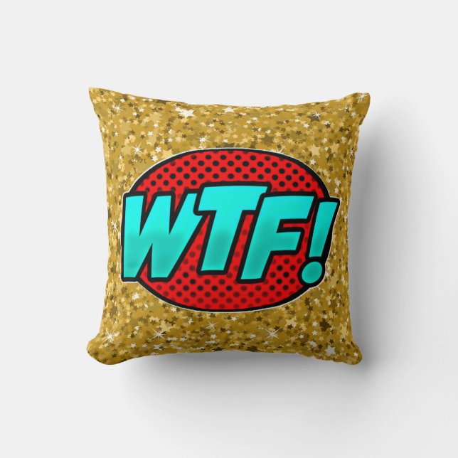 Tecknad Stil Pop Art Retro Blue Aqua Red Guld WTF Kudde (Framsida)