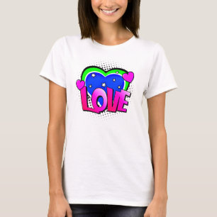 Tecknad Stil Pop Art Retro Blue Grönt Rosa KÄRLEK T Shirt