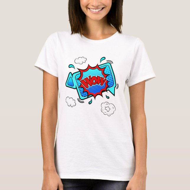 Tecknad Stil Pop Art Retro Blue Red WOW T-Shirt (Framsida)