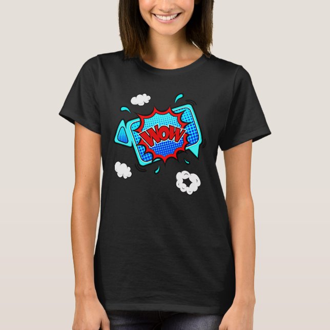 Tecknad Stil pop Art Retro Blue Red WOW T Shirt (Framsida)