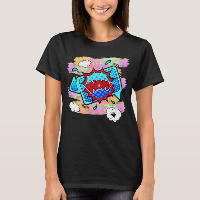 Tecknad Stil Pop Art Retro Blue Red WOW T-Shirt (Framsida)