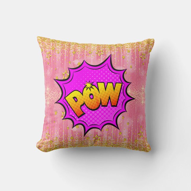 Tecknad Stil Pop Art Retro Gult Lila Rosa POW Kudde (Framsida)