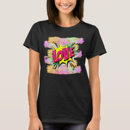 Tecknad Stil Pop Art Retro Gult Rosa KÄRLEK T-Shir T Shirt