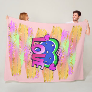 Tecknad Stil Pop Art Retro Mauve Grönt KÄRLEK Rain Fleecefilt
