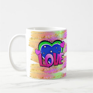 Tecknad Stil Pop Art Retro Mauve Grönt KÄRLEK Rain Kaffemugg