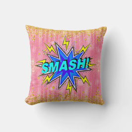 Tecknad Stil Pop Art Retro Rosa Gult Blue SMASH Kudde