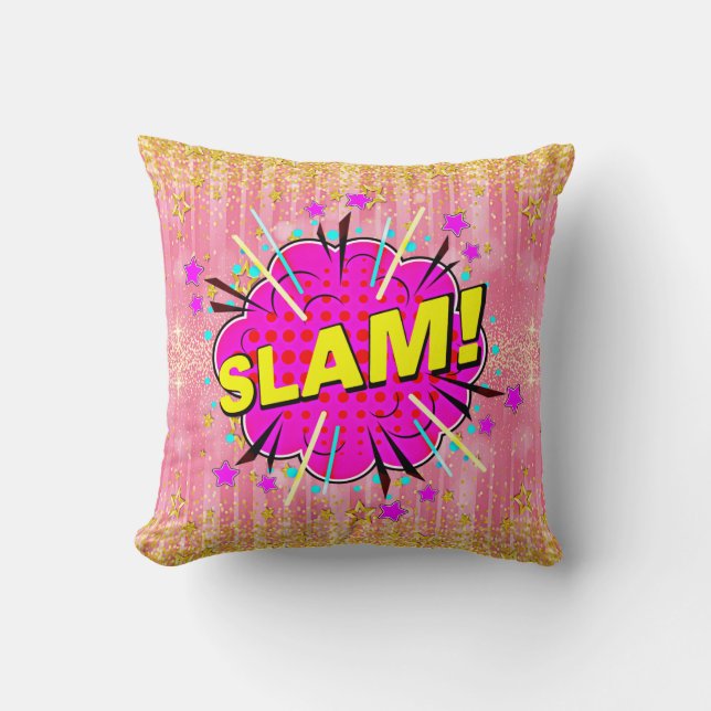 Tecknad Stil Pop Art Retro Rosa Gult Guld SLAM Kudde (Framsida)