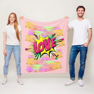 Tecknad Stil Pop Art Retro Rosa Gult KÄRLEK Regnbå Fleecefilt