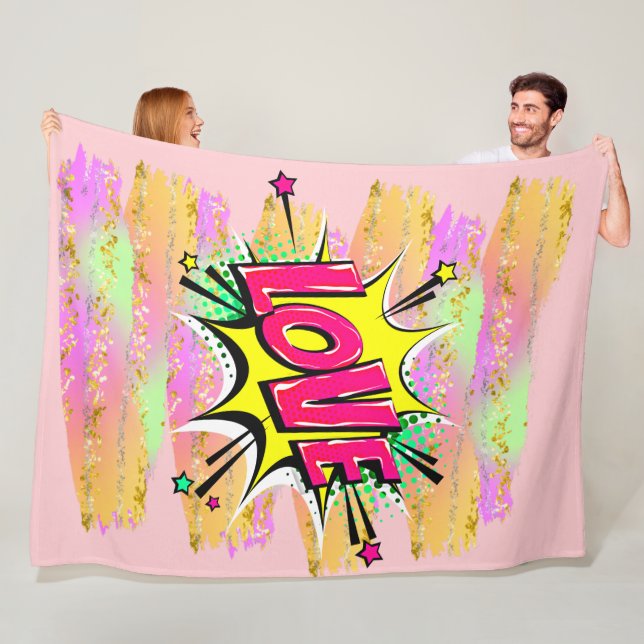 Tecknad Stil Pop Art Retro Rosa Gult KÄRLEK Regnbå Fleecefilt (På plats)