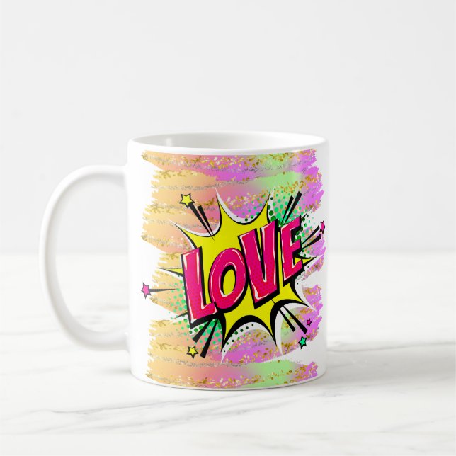 Tecknad Stil Pop Art Retro Rosa Gult KÄRLEK Regnbå Kaffemugg (Vänster)