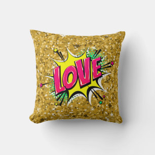 Tecknad Stil Pop Art Retro Stars Gult Rosa KÄRLEK Kudde