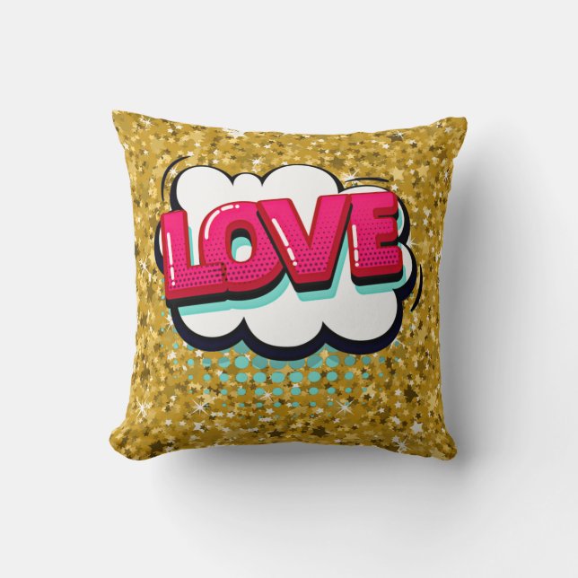 Tecknad Stil pop Art Retro Stars Rosa Kärlek Text  Kudde (Framsida)