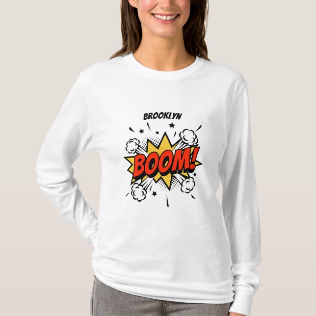 Tecknad stil roligt boom typography pop art t shirt (Framsida)