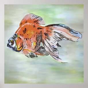 Tecknad Stil Ryukin Goldfish Acrylic Painting Poster