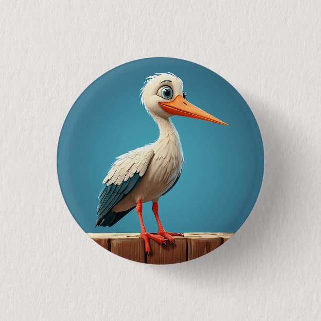 Tecknad Stork med Bright Ögon på trästängslet Knapp (Framsida)