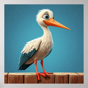 Tecknad stork med ljusa ögon på trästaket poster