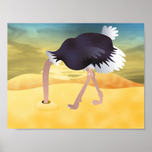 Tecknad struts med huvud i sand poster