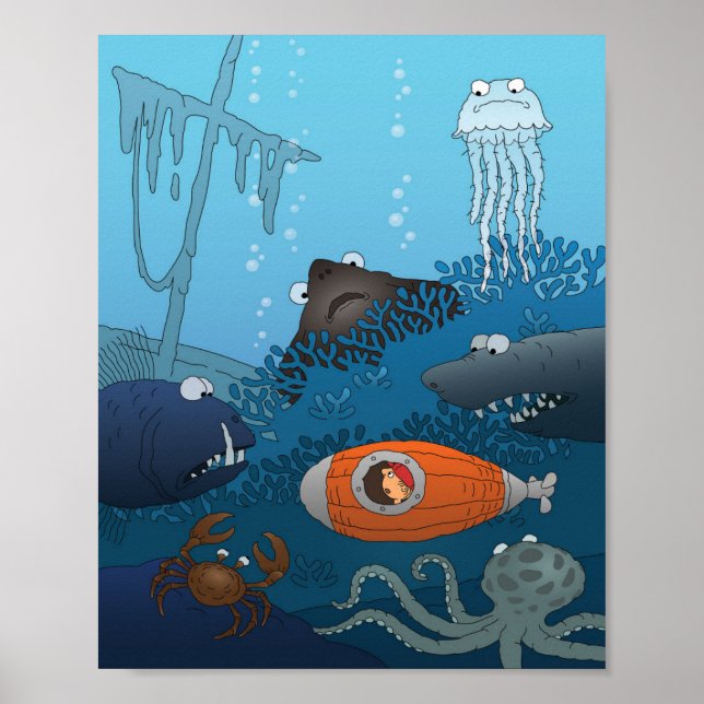Tecknad Submarine Boy Undersea Animal Fish Poster (Framsidan)
