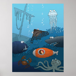 Tecknad Submarine Boy Undersea Animal Monster Poster