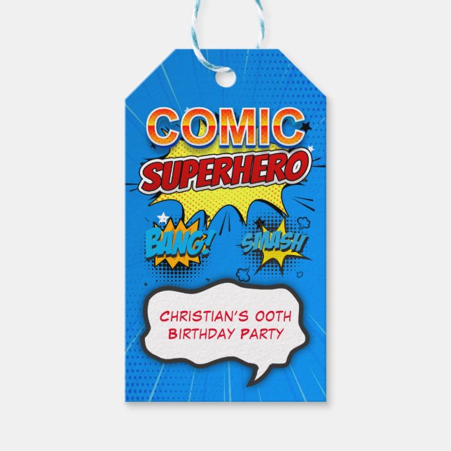 Tecknad Superhjälte 00:e Födelsedagsfestens Tack Presentetikett (Framsidan)
