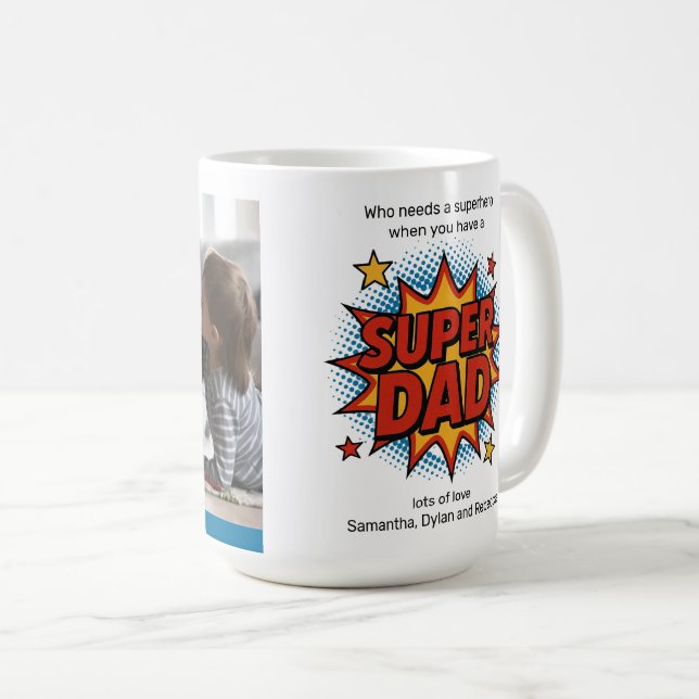 Tecknad Superpappa Lägg till Ditt Foto Fars Dag Kaffemugg (Framsida höger)