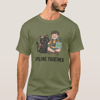 Tecknad svart katt pojke äventyrs karta blomsterde t shirt
