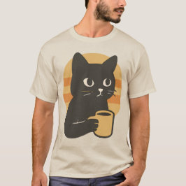 Tecknad svart katt som håller kaffe mugg t shirt