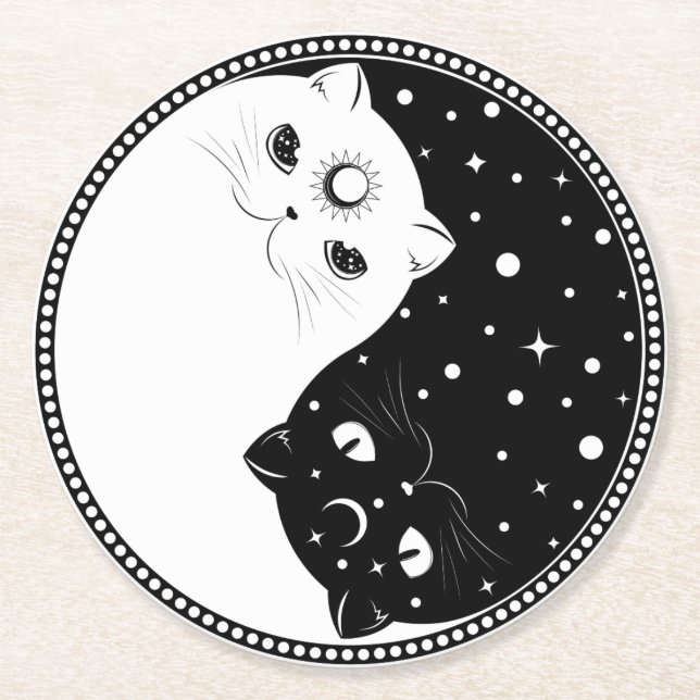 Tecknad, svarta och vita katter, yin-tecken underlägg papper rund (Framsidan)