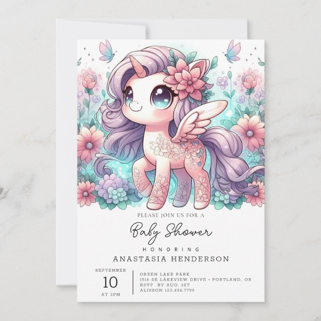 Tecknad Sweet Unicorn Baby Shower Inbjudningar (Framsida)