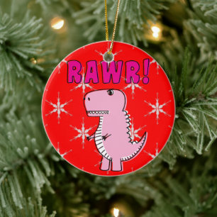 Tecknad T-Rex Dinosaur för Rosa av ljus och Arg Julgransprydnad Keramik