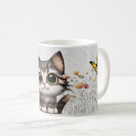 Tecknad Tabby katt, blommor och fjärilar Kaffemugg