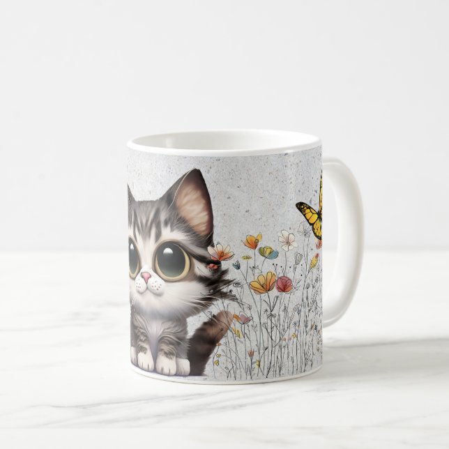 Tecknad Tabby katt, blommor och fjärilar Kaffemugg (Framsida höger)