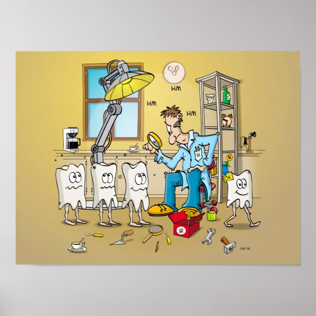 Tecknad: tanden op controle bij de tandarts poster (Framsidan)