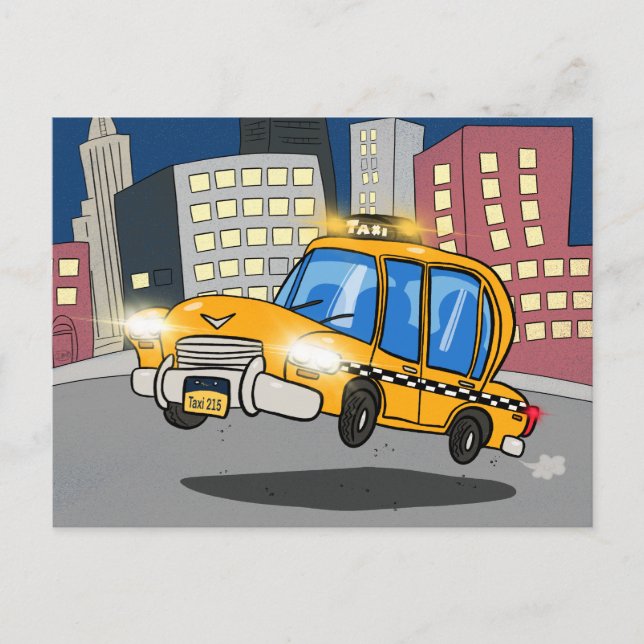 Tecknad Taxi Cab Vykort (Framsida)