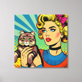Tecknad Tecknad Pop Art Kvinnor som håller katt Canvastryck