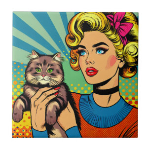 Tecknad Tecknad Pop Art Kvinnor som håller katt Kakelplatta