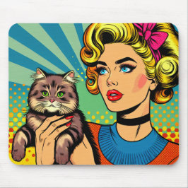Tecknad Tecknad Pop Art Kvinnor som håller katt Musmatta