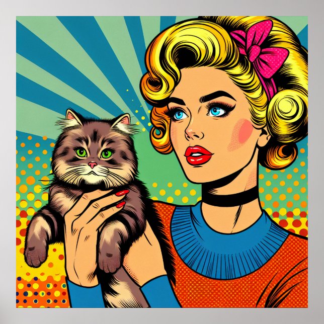 Tecknad Tecknad Pop Art Kvinnor som håller katt Poster (Framsidan)