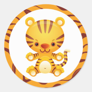 Tecknad Tiger med tigerutskrift Runt Klistermärke