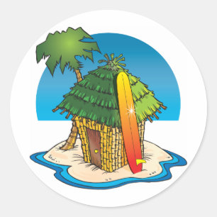 Tecknad Tiki Hut med Surfboard och Handflatan Runt Klistermärke