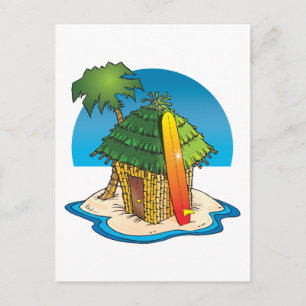 Tecknad Tiki Hut med Surfboard och Handflatan Vykort