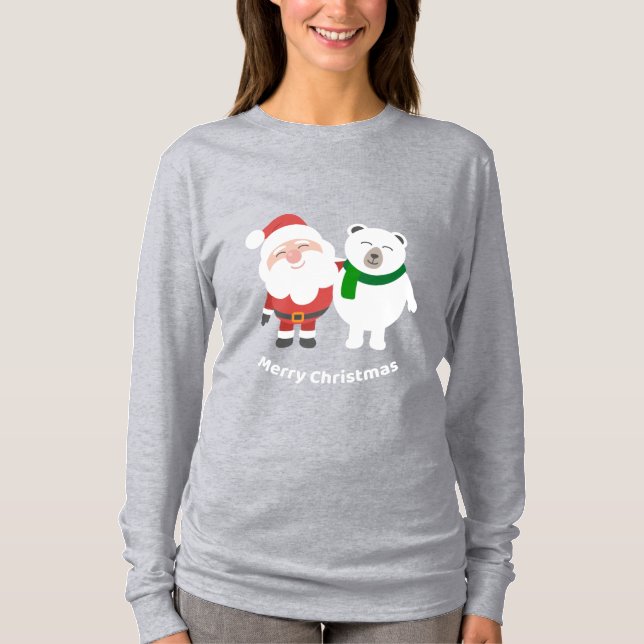 Tecknad tomte och isbjörn, God Jul T Shirt (Framsida)
