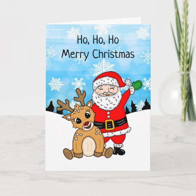 Tecknad tomte och renar jul kort (Framsida)