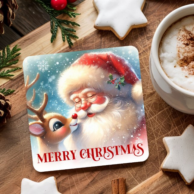 Tecknad tomte Rudolf söta jul coaster tryck Underlägg Papper Kvadrat (Cartoon Santa Rudolph Cute Christmas Coaster Print

)