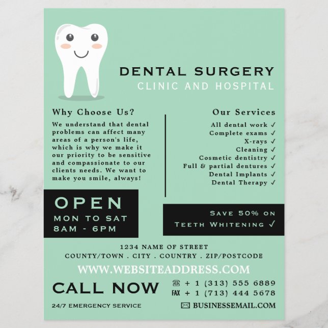 Tecknad Tooth Logotyp, Tandvård, dentistreklam Reklamblad (Framsidan)