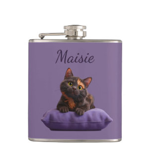 Tecknad Tortoiseshell Kitten på Lila Cushion Fickplunta